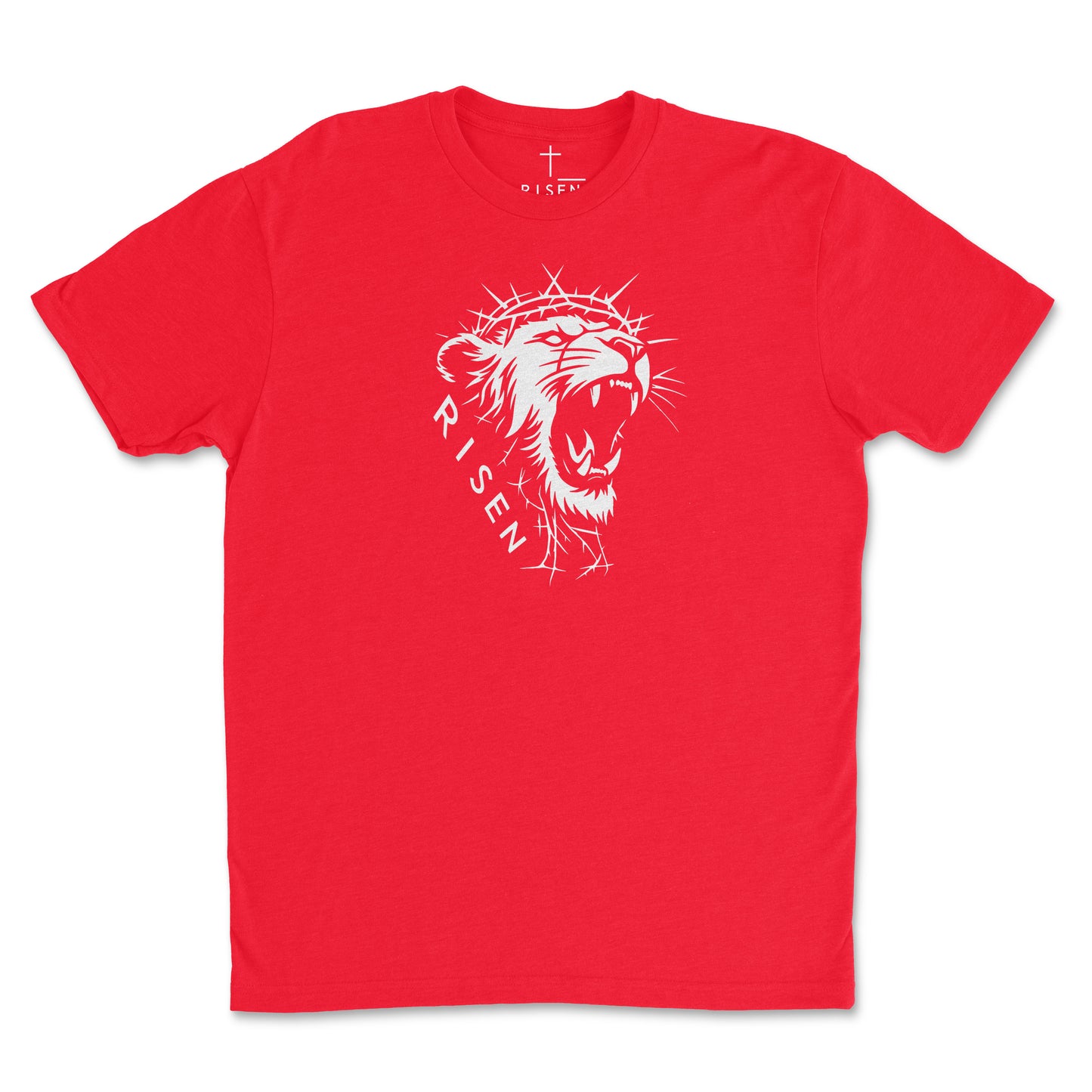 Youth The Risen King - Christian T-Shirt featuring a lion graphic roaring in victory on a red background.