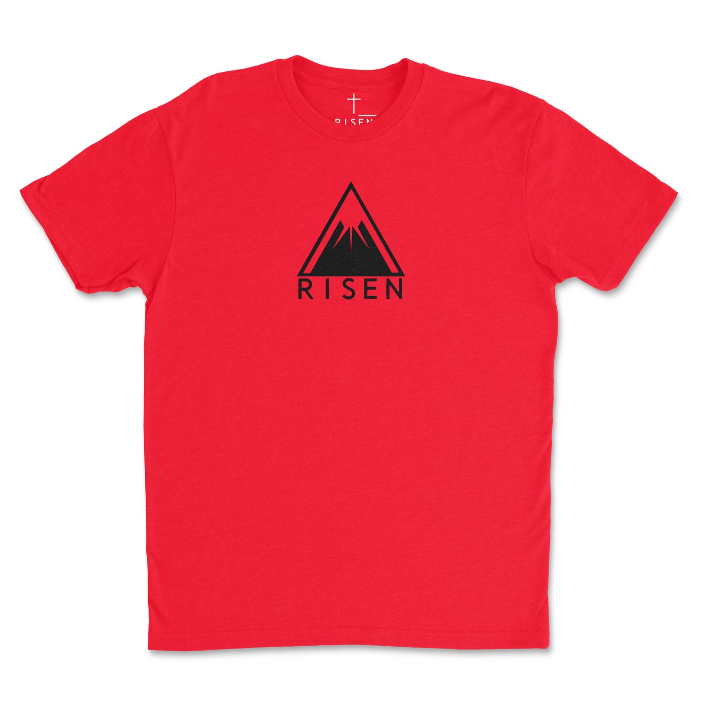 The Peak Men’s Christian T-Shirt featuring RISEN mountain graphic in a bold triangular design on a red tee.