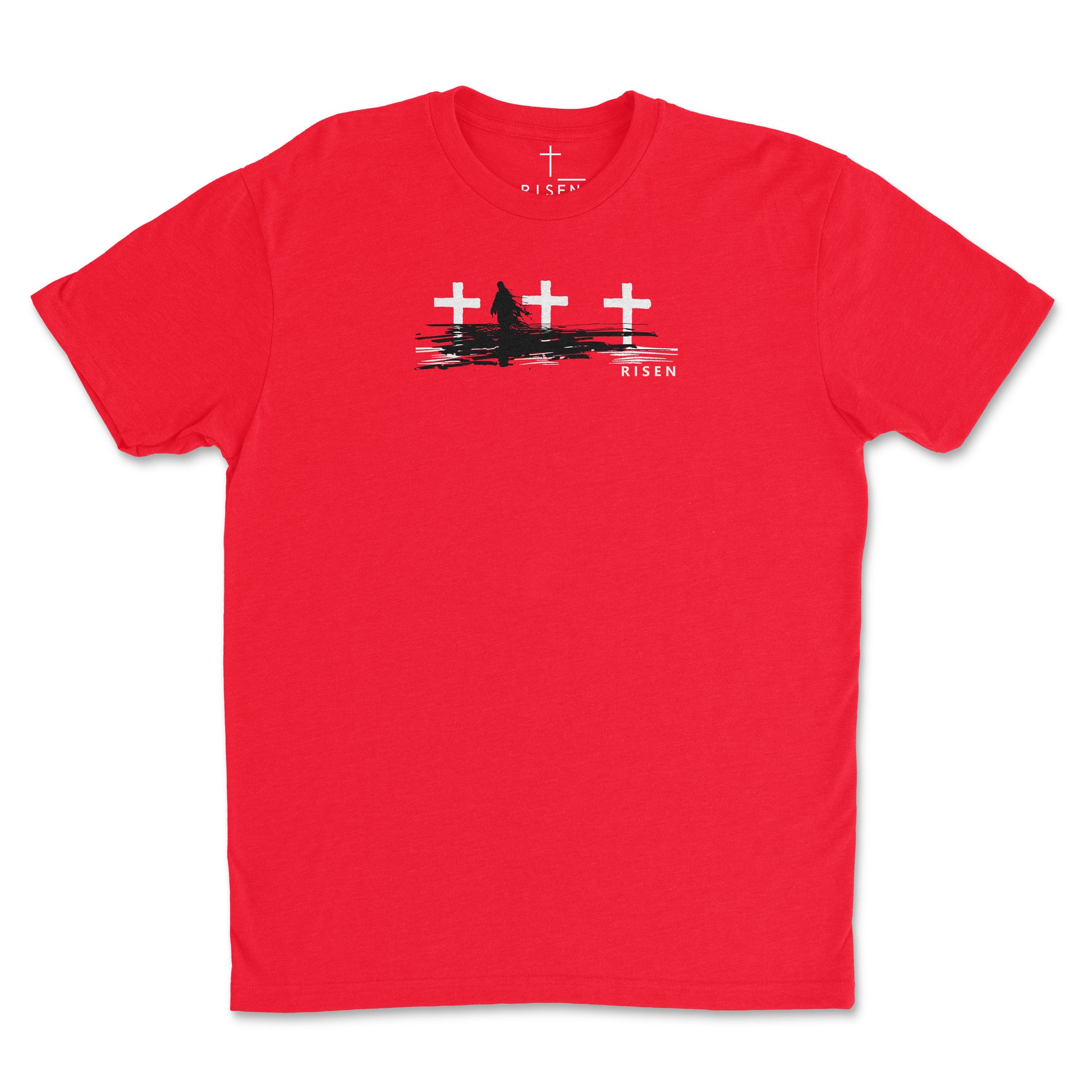 The Third Day Men’s Christian T-Shirt featuring RISEN cross graphic in red, symbolizing sacrifice and victory.