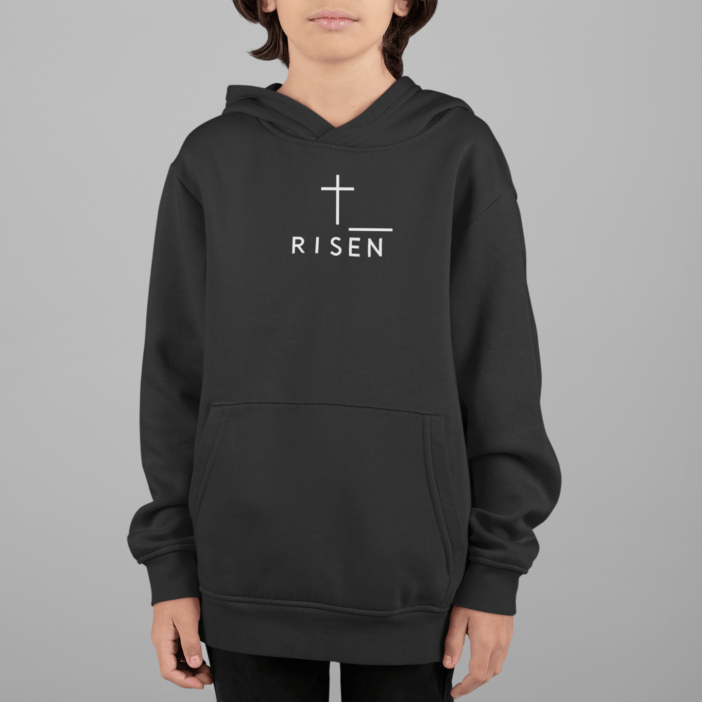 Youth Cross Hoodie featuring a modern design and Risen logo on a black fleece pullover, perfect for confidence and comfort.
