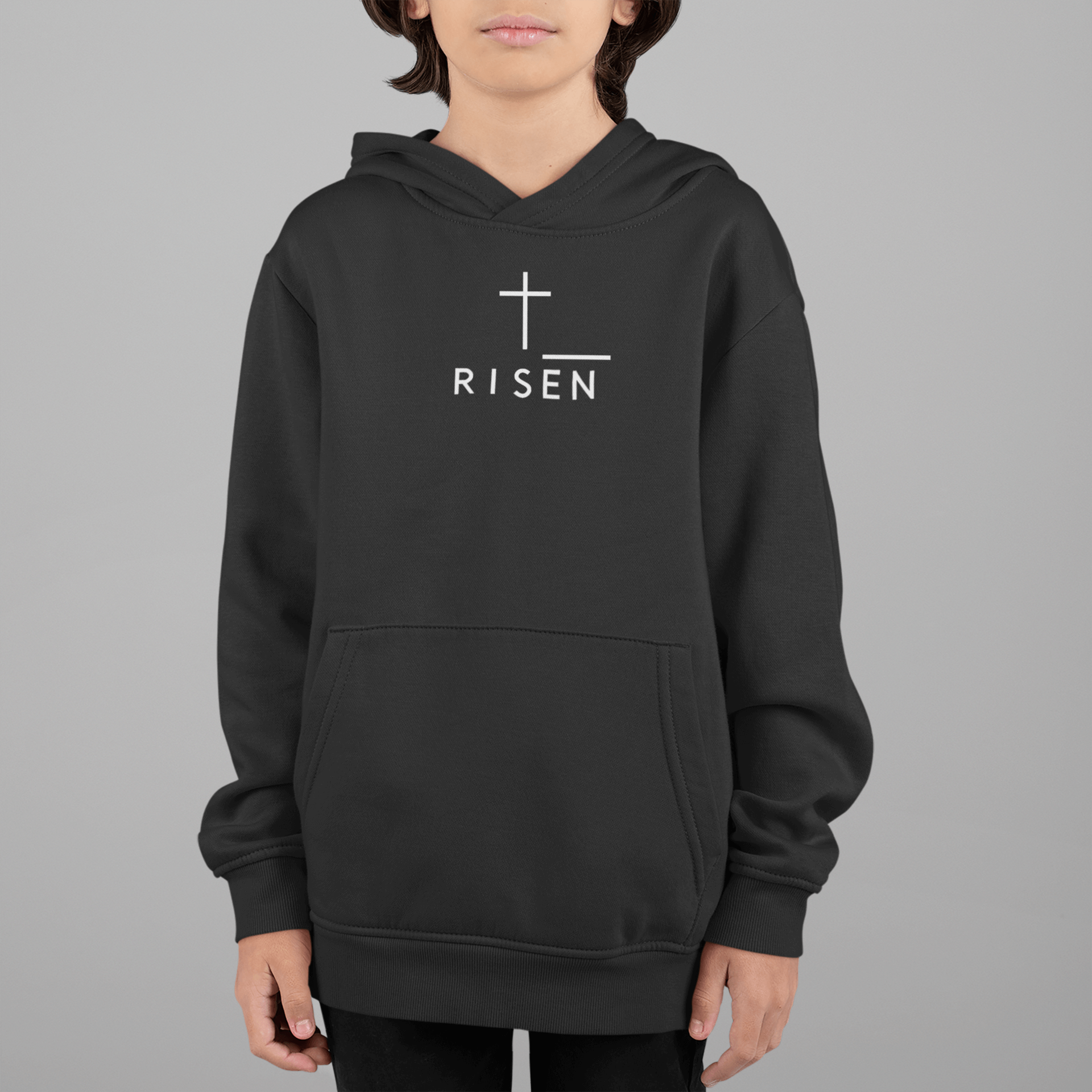 Youth Cross Hoodie featuring a modern design and Risen logo on a black fleece pullover, perfect for confidence and comfort.
