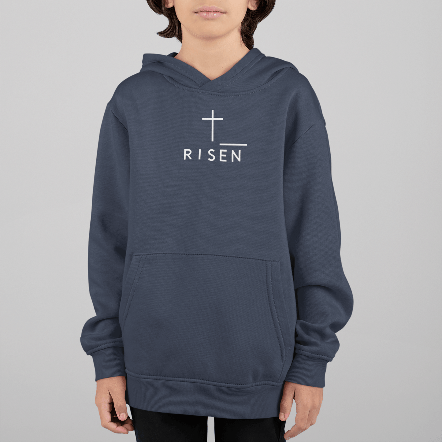 Youth Cross Hoodie – Risen Cross Youth Fleece Pullover Hoodie with modern design and bold symbol.