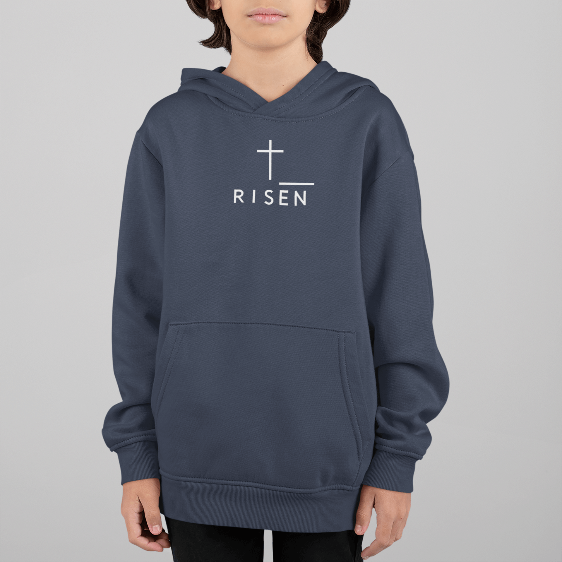 Youth Cross Hoodie – Risen Cross Youth Fleece Pullover Hoodie with modern design and bold symbol.
