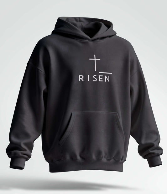 Heavyweight Fleece Hoodie – RISEN Premium Pullover in black with minimal front print and hood design.