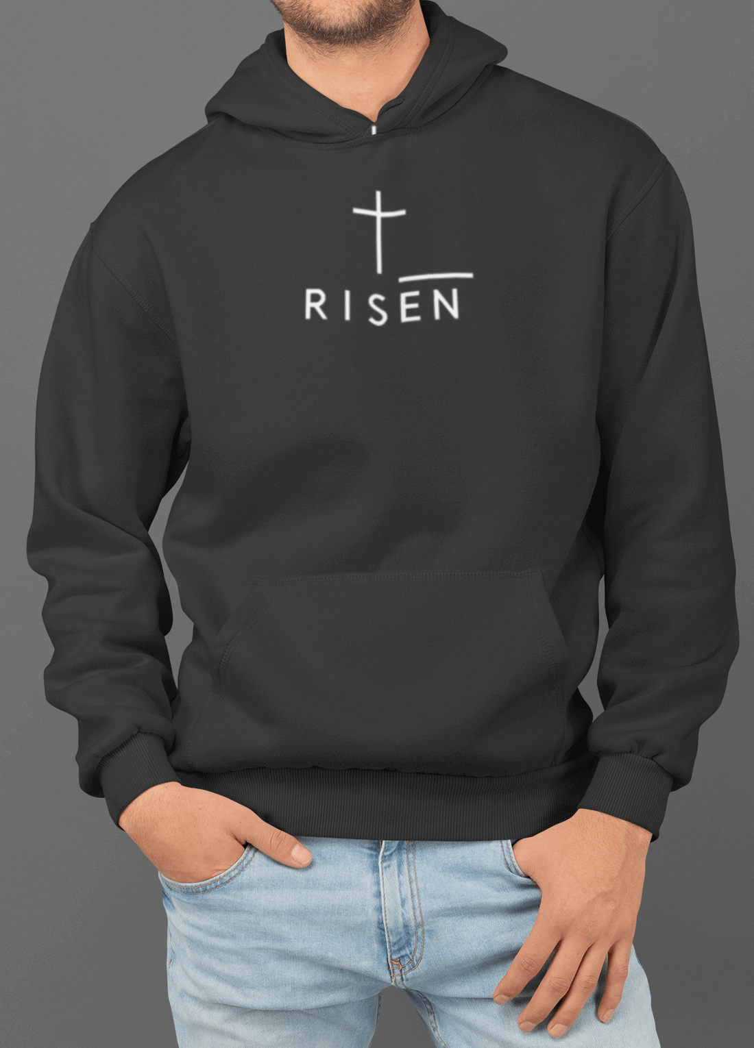 Heavyweight Fleece Hoodie – RISEN Premium Pullover displayed on a model, featuring a minimalist front print.