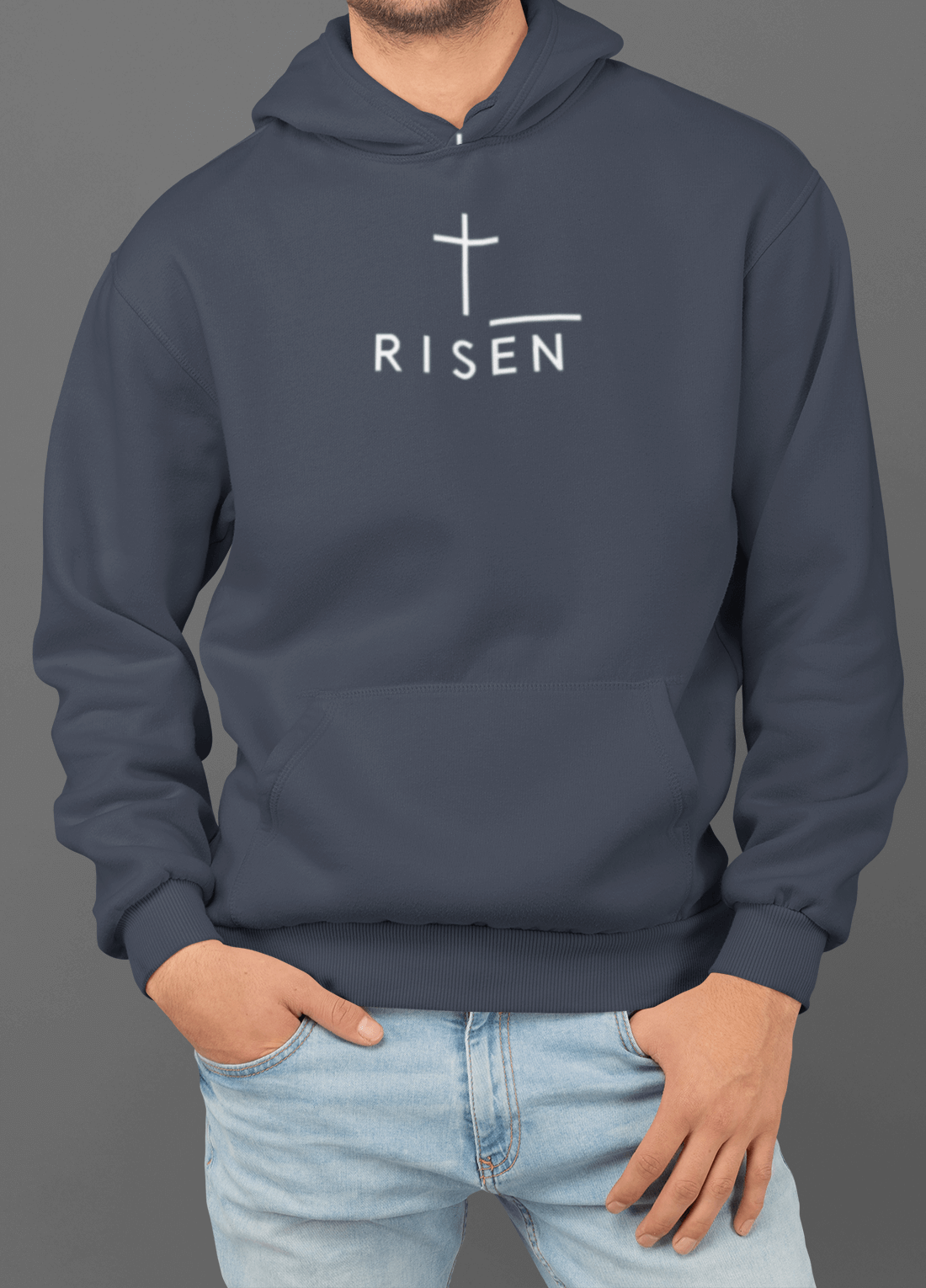 Heavyweight Fleece Hoodie – RISEN Premium Pullover in navy blue with a minimal front print design.