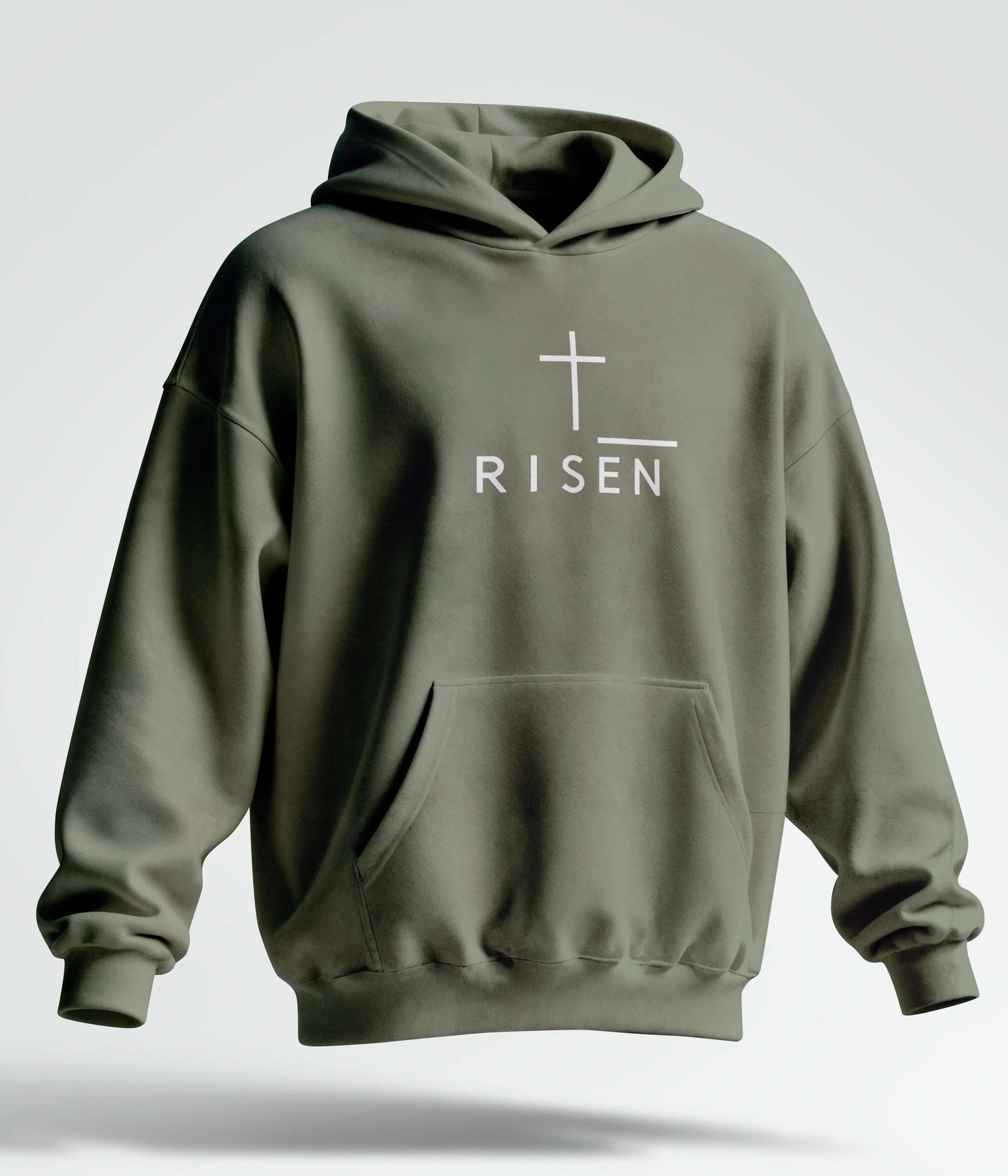 Heavyweight Fleece Hoodie – RISEN Premium Pullover in olive green with minimal front print.
