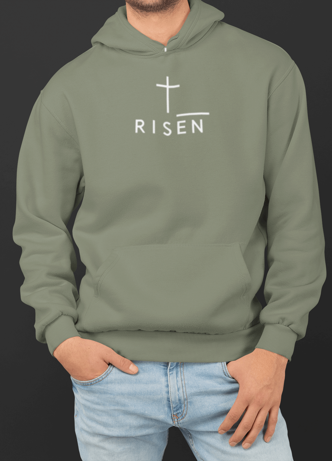 Heavyweight Fleece Hoodie – RISEN Premium Pullover worn by a man in an olive green color, showcasing a minimal front design.