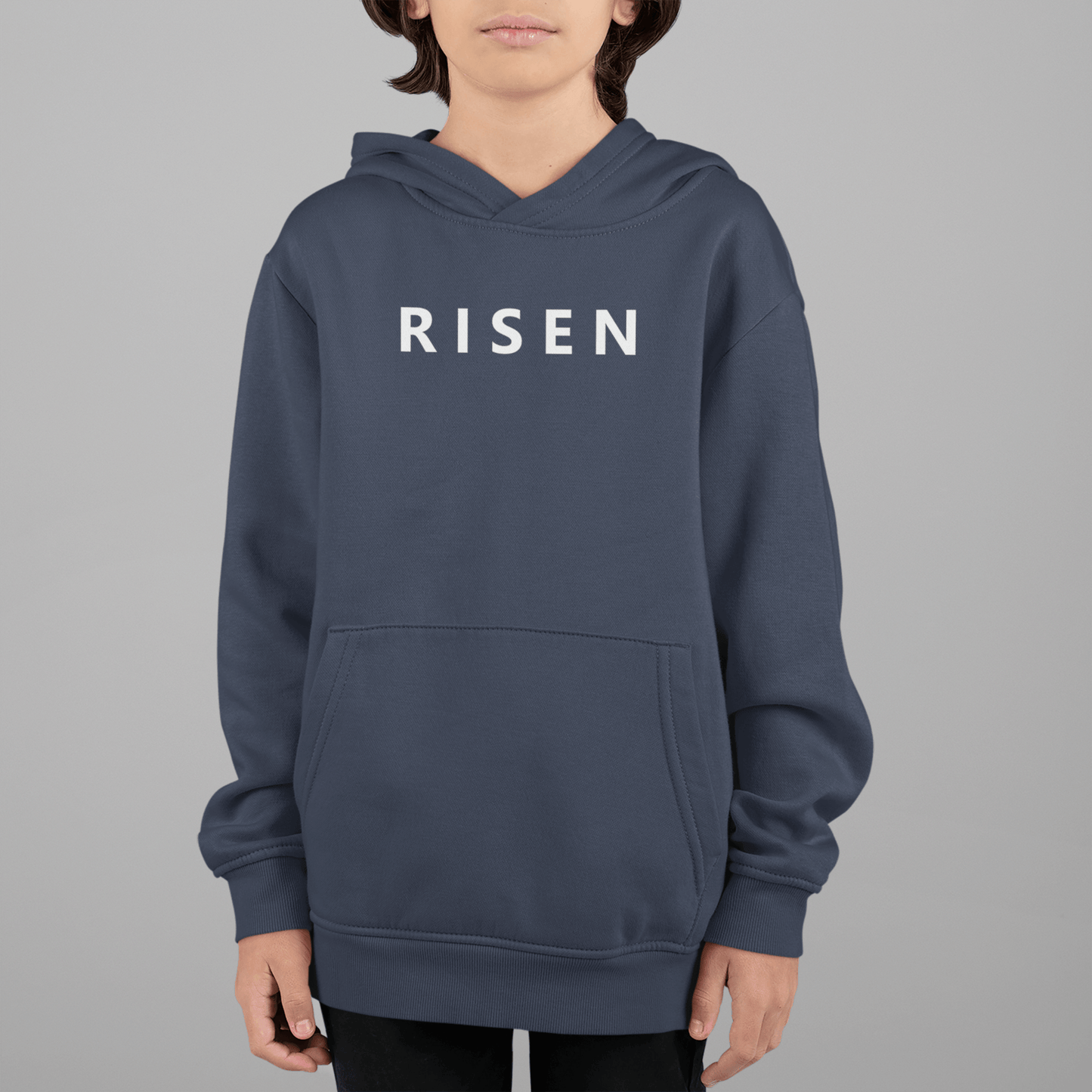 Risen youth fleece pullover hoodie in navy, featuring a front pocket and stylish print.