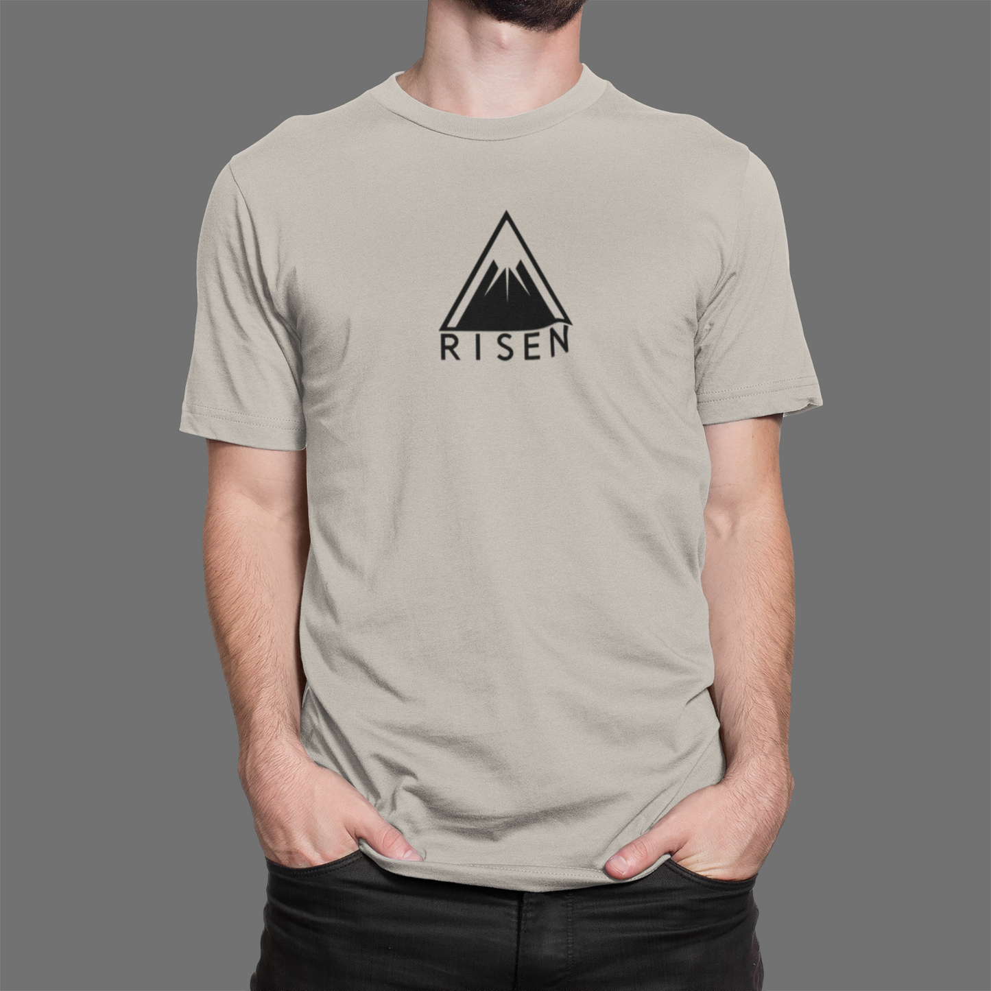 The Peak Men’s Christian T-Shirt featuring RISEN mountain graphic on a lightweight tee for men.