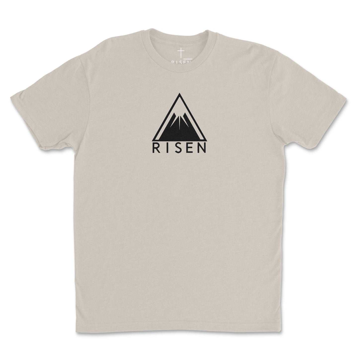 The Peak Men’s Christian T-Shirt featuring RISEN mountain graphic in minimalist triangular design.