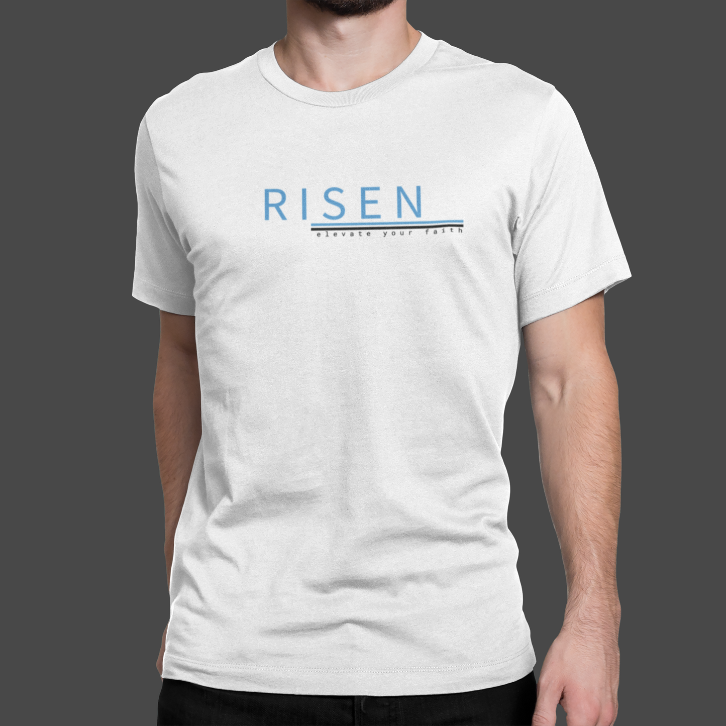 Sueded Jersey T-Shirt featuring RISEN logo in blue on a white background, perfect for everyday wear.