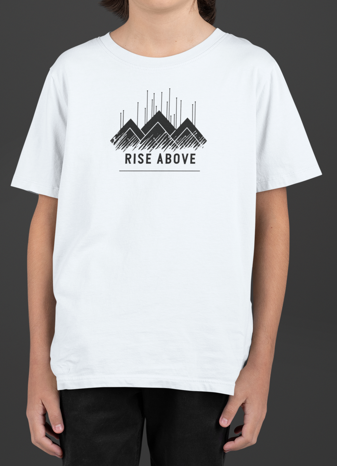 Youth Rise Above T-Shirt featuring mountain graphic and bold 'RISE ABOVE' text in modern design.