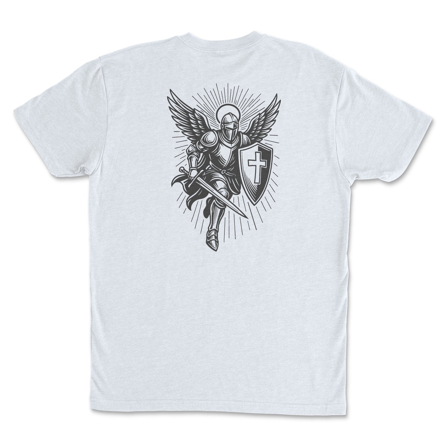 Image of the back of a Youth Christian Warrior T-Shirt featuring an angelic warrior graphic with shield and cross.