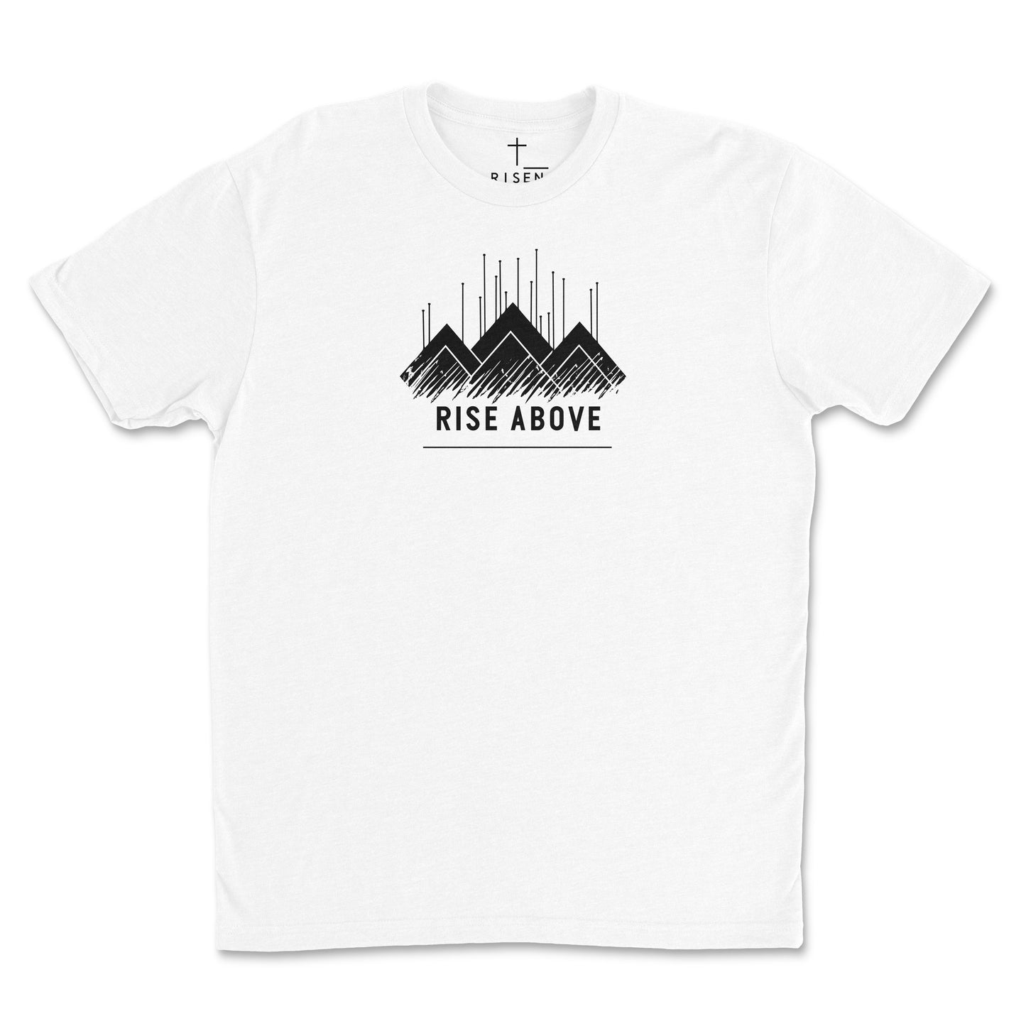 Youth Rise Above T-Shirt – RISEN featuring mountain-inspired graphic and bold text on a white tee.