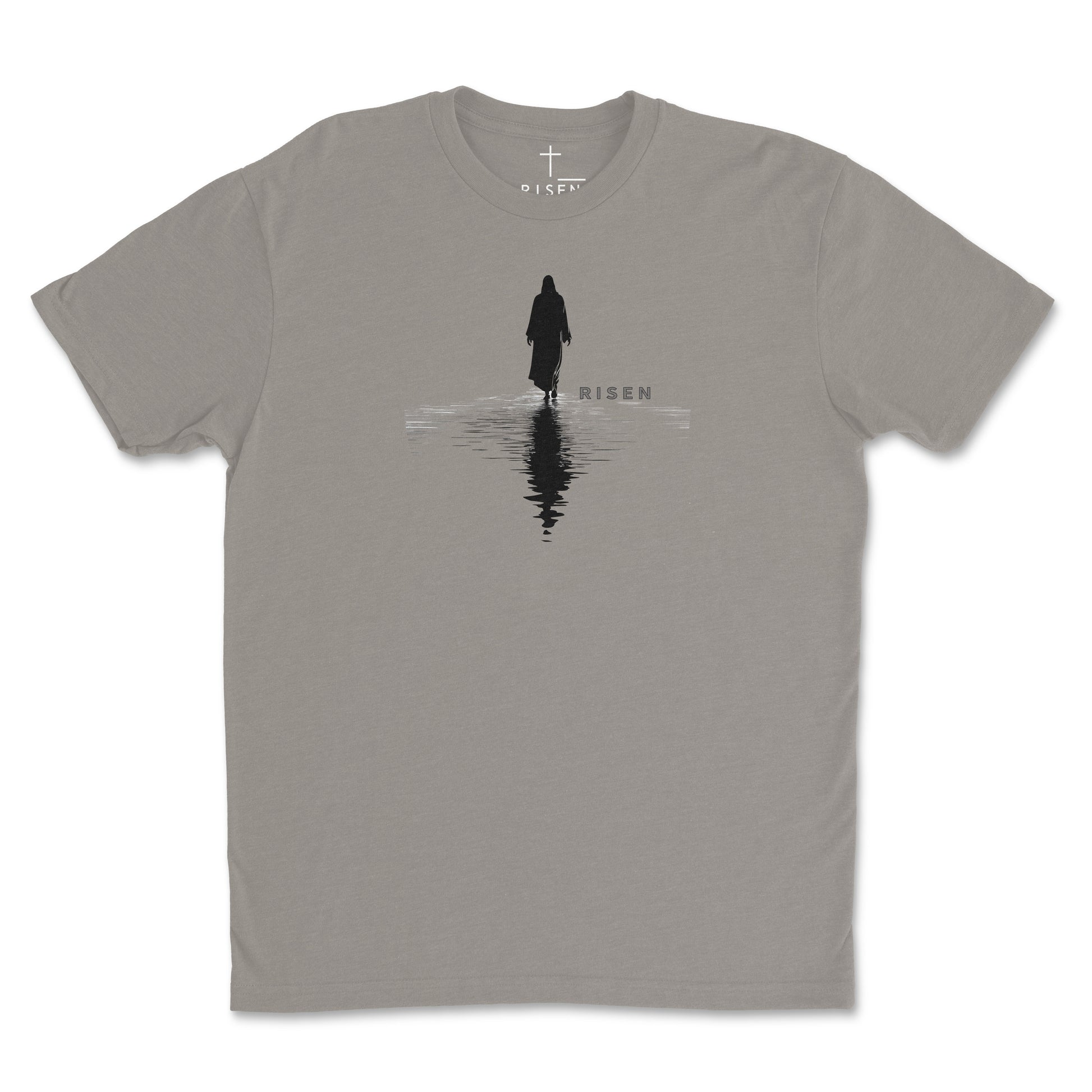 Above the Storm Men’s Christian T-Shirt featuring RISEN graphic of Christ walking on water with reflection.