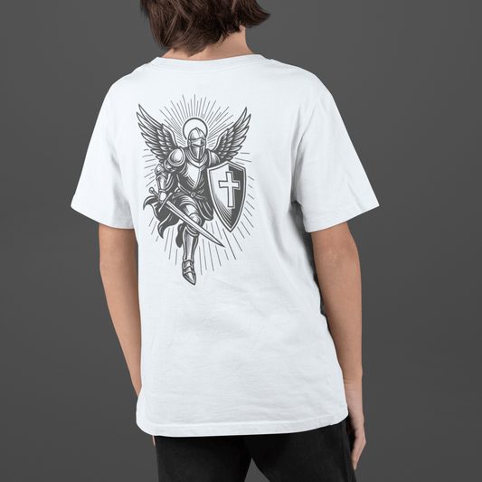Youth Christian Warrior T-Shirt featuring a detailed warrior graphic with shield and cross on the back.