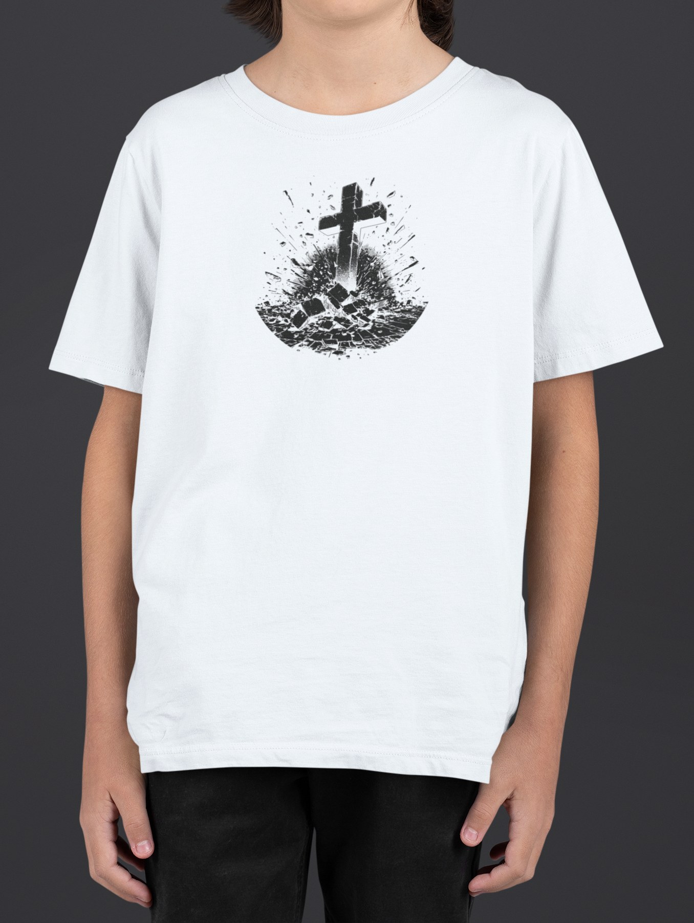 Youth Breakthrough Christian T-Shirt featuring a RISEN cross graphic on a white tee, showcasing faith and strength.