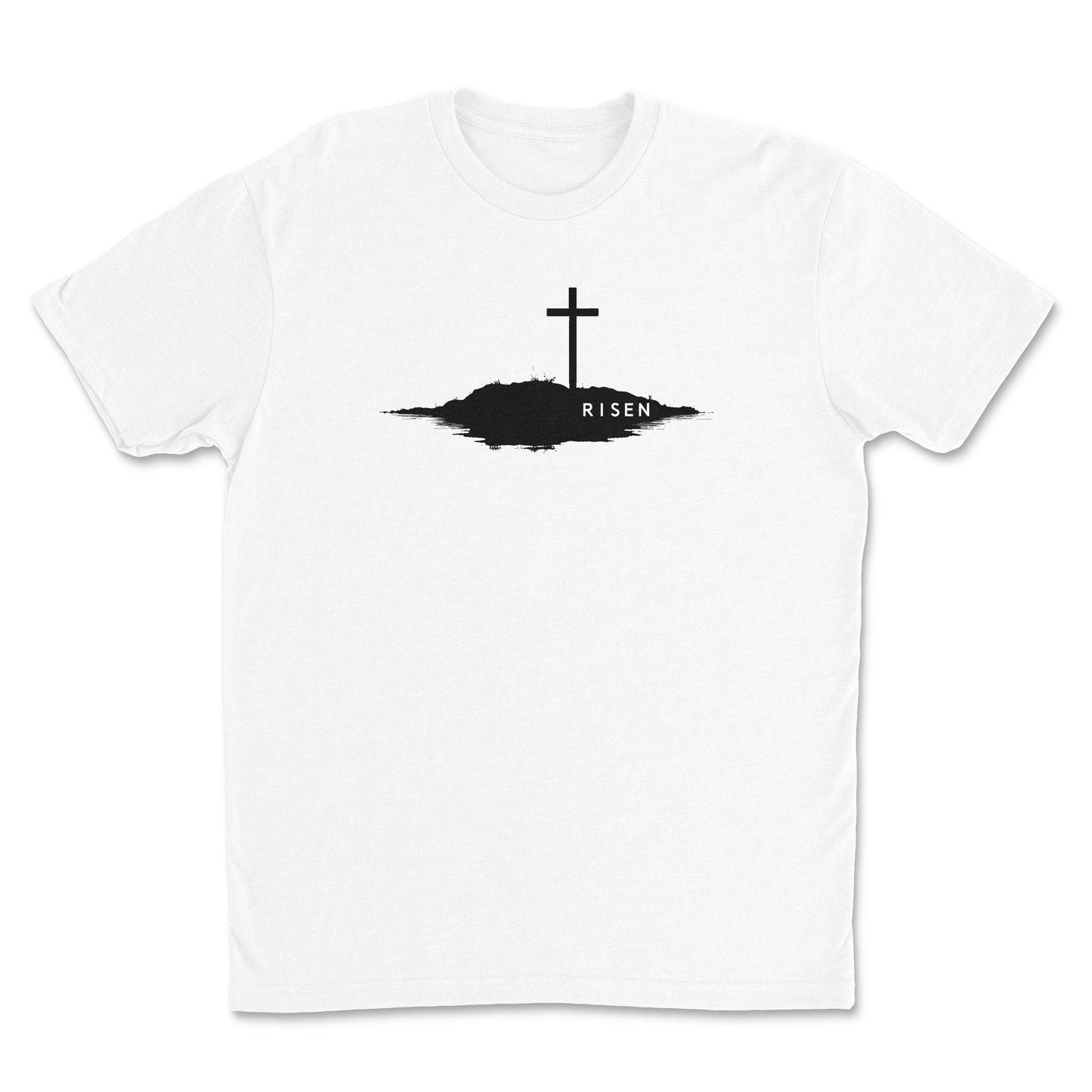 Youth Unmoved Christian T-Shirt featuring a RISEN cross graphic design on a white tee.