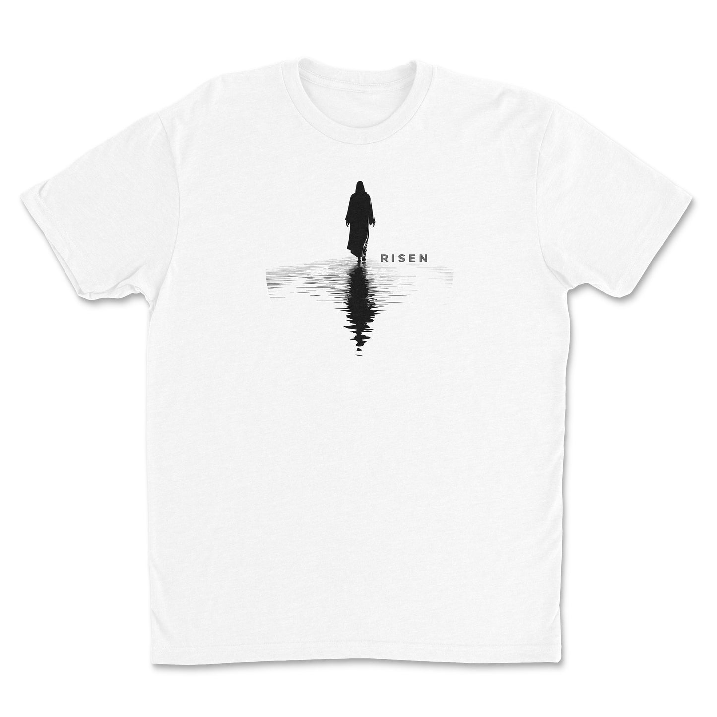 Above the Storm Men’s Christian T-Shirt featuring a graphic of Christ with the word RISEN on a white tee.