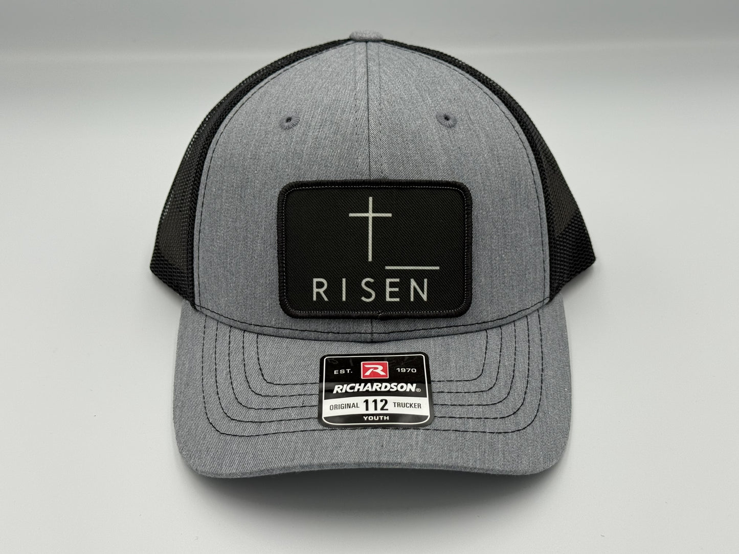 Youth Risen Cross Canvas Patch Trucker Hat – Black / Light Gray