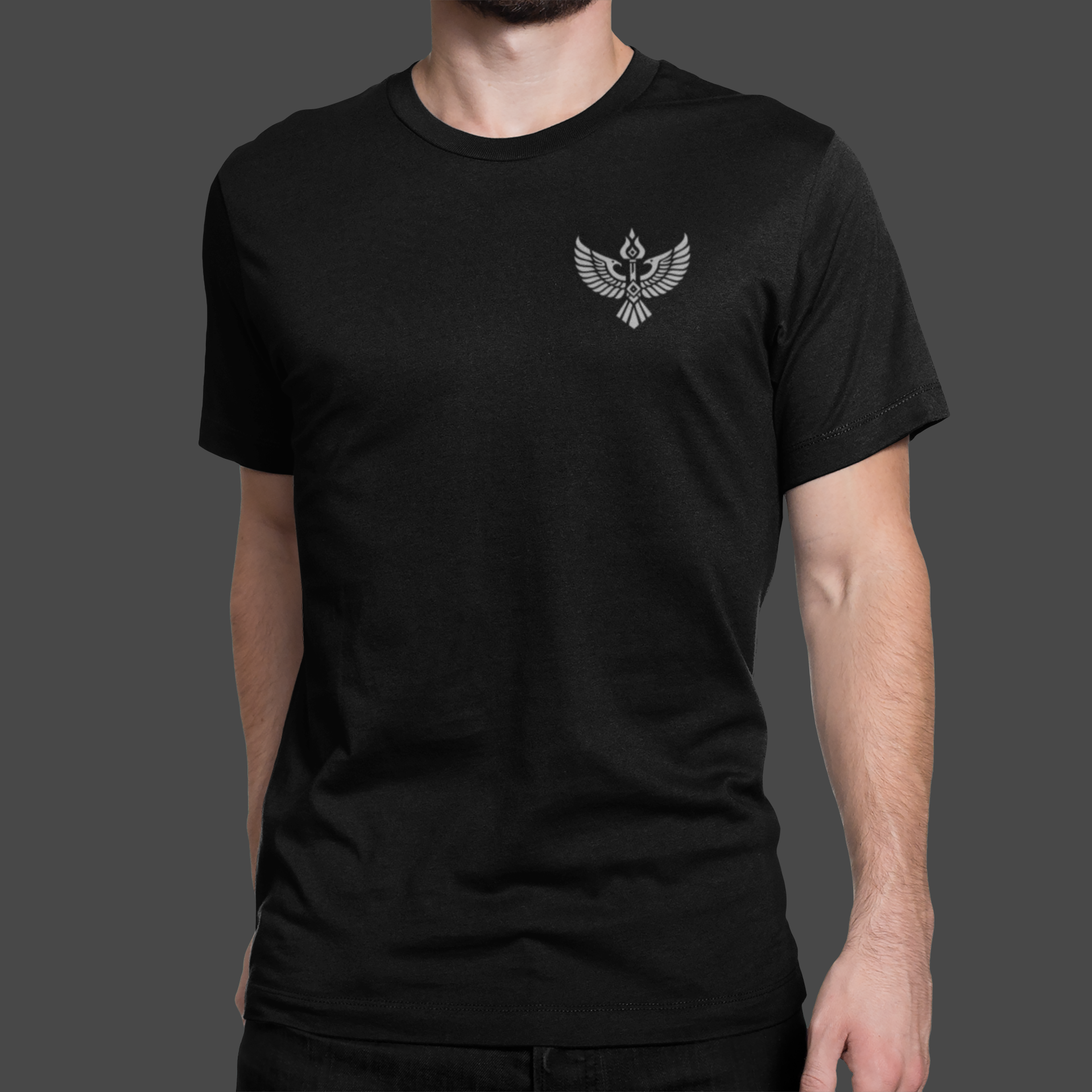 Iron Covenant - Premium Sueded Men's Shirt featuring a bold winged crest design on a black t-shirt.