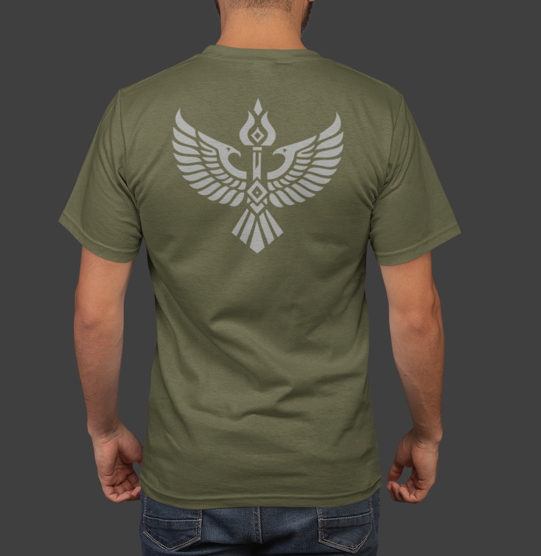 Iron Covenant - Premium Sueded Men's Shirt showcasing a bold winged crest design on the back.