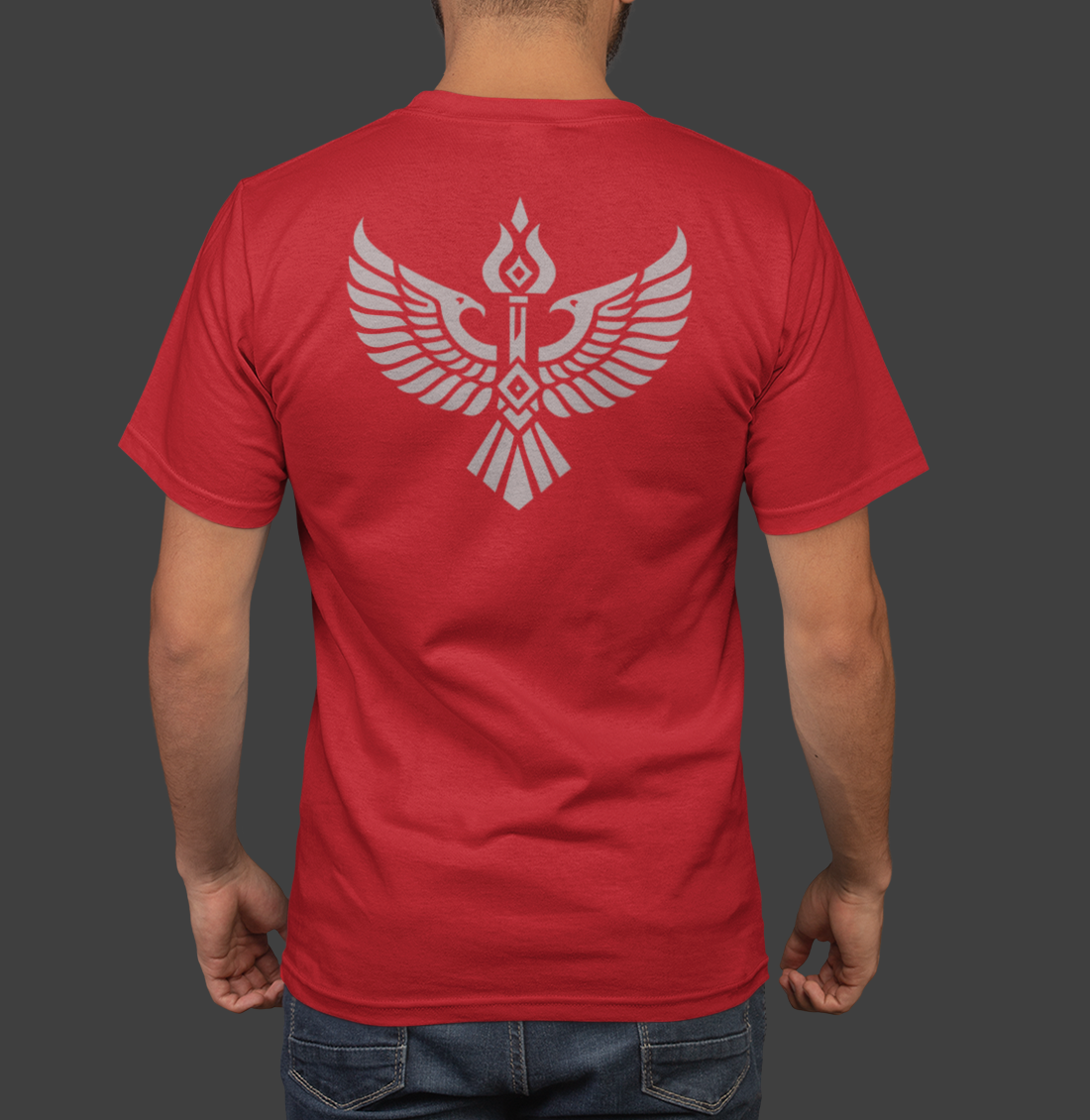 Iron Covenant - Premium Sueded Men's Shirt showcasing a bold winged crest design on a red t-shirt.