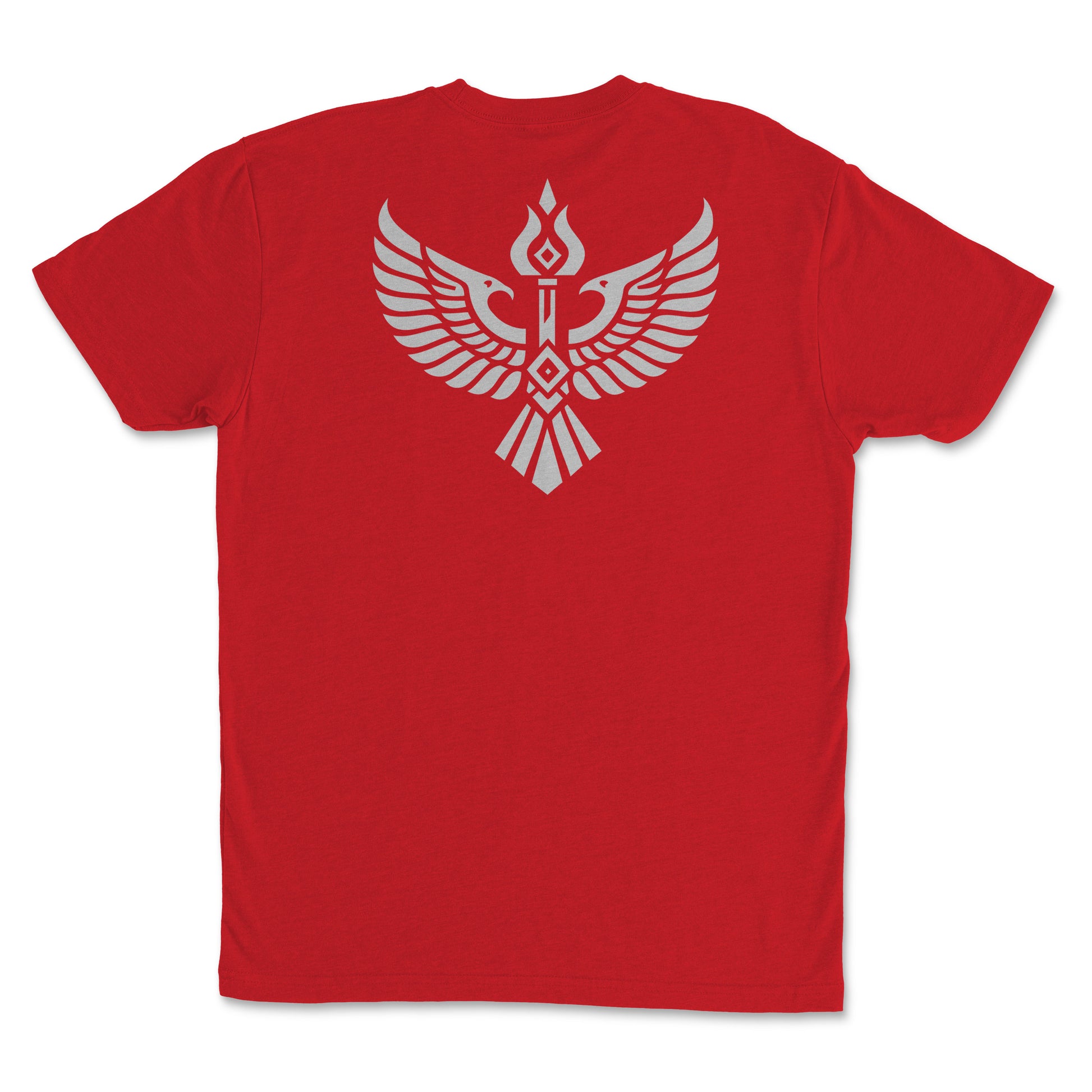Iron Covenant - Premium Sueded Men's Shirt with a bold winged crest and rising torch design on a red background.