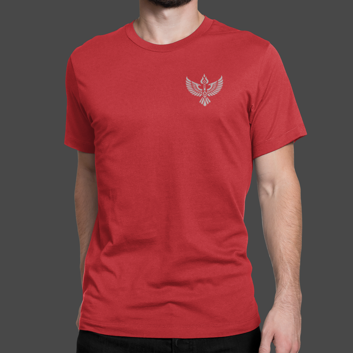 Iron Covenant - Premium Sueded Men's Shirt featuring a bold winged crest design on a red t-shirt.