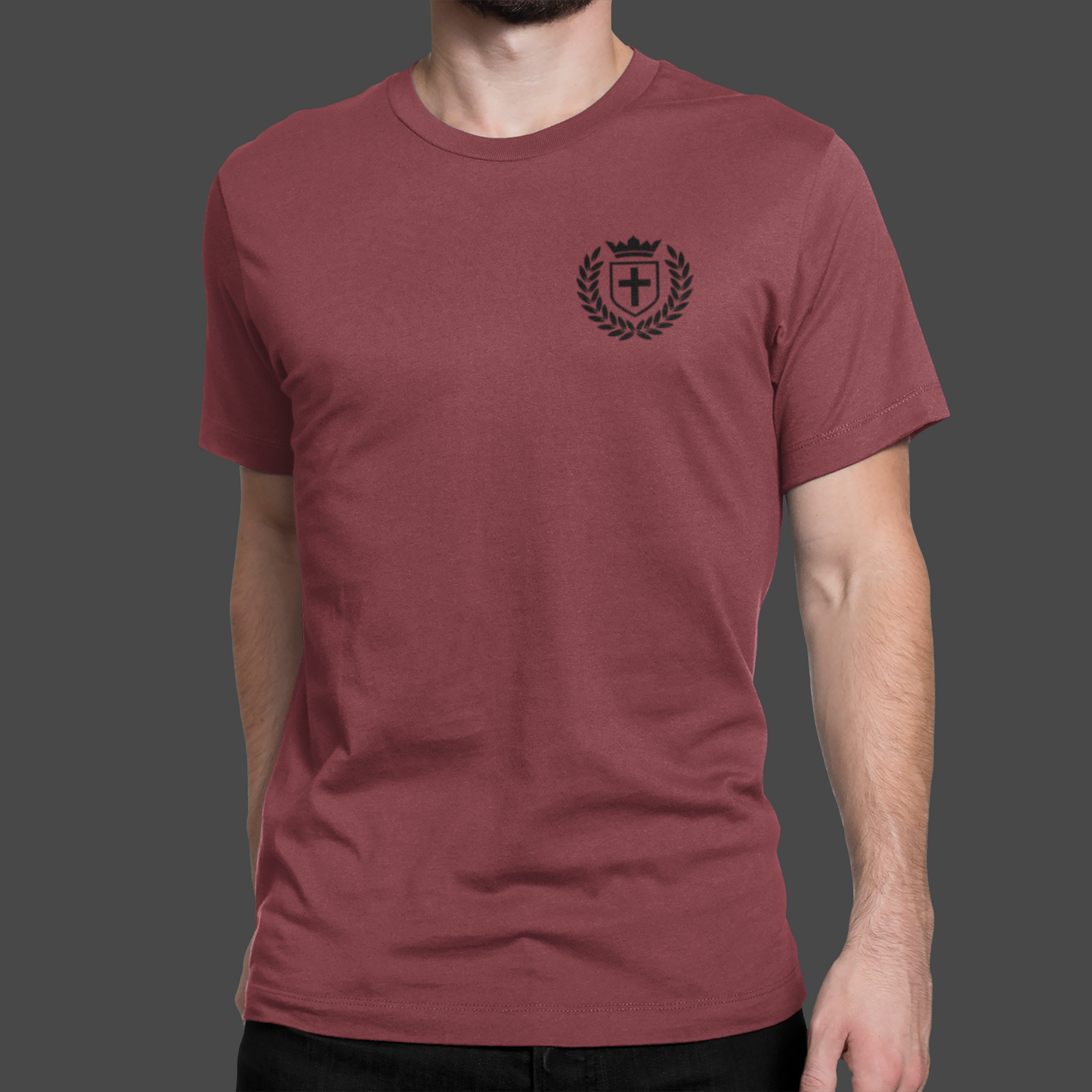 Kingdom Crest - Premium Sueded T-shirt for Men in maroon color featuring logo on chest.