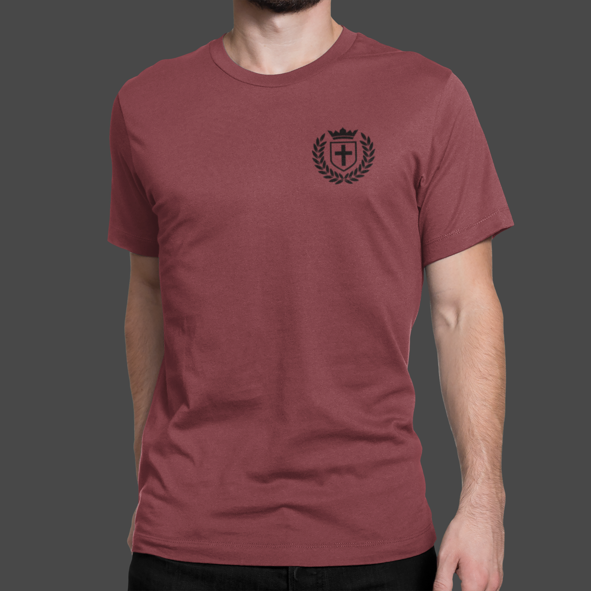 Kingdom Crest - Premium Sueded T-shirt for Men in maroon color featuring logo on chest.