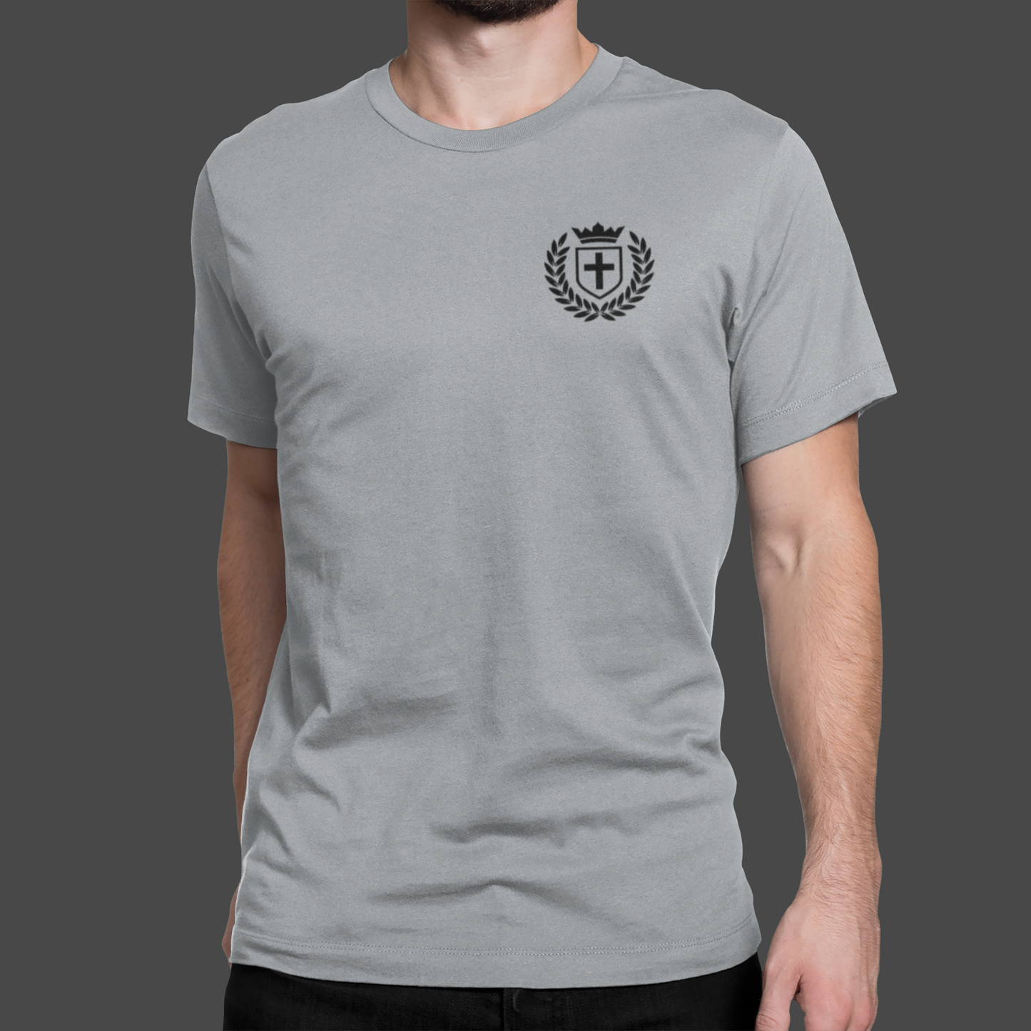 Kingdom Crest - Premium Sueded T-shirt for Men, featuring a minimalist design and bold logo on a gray background.