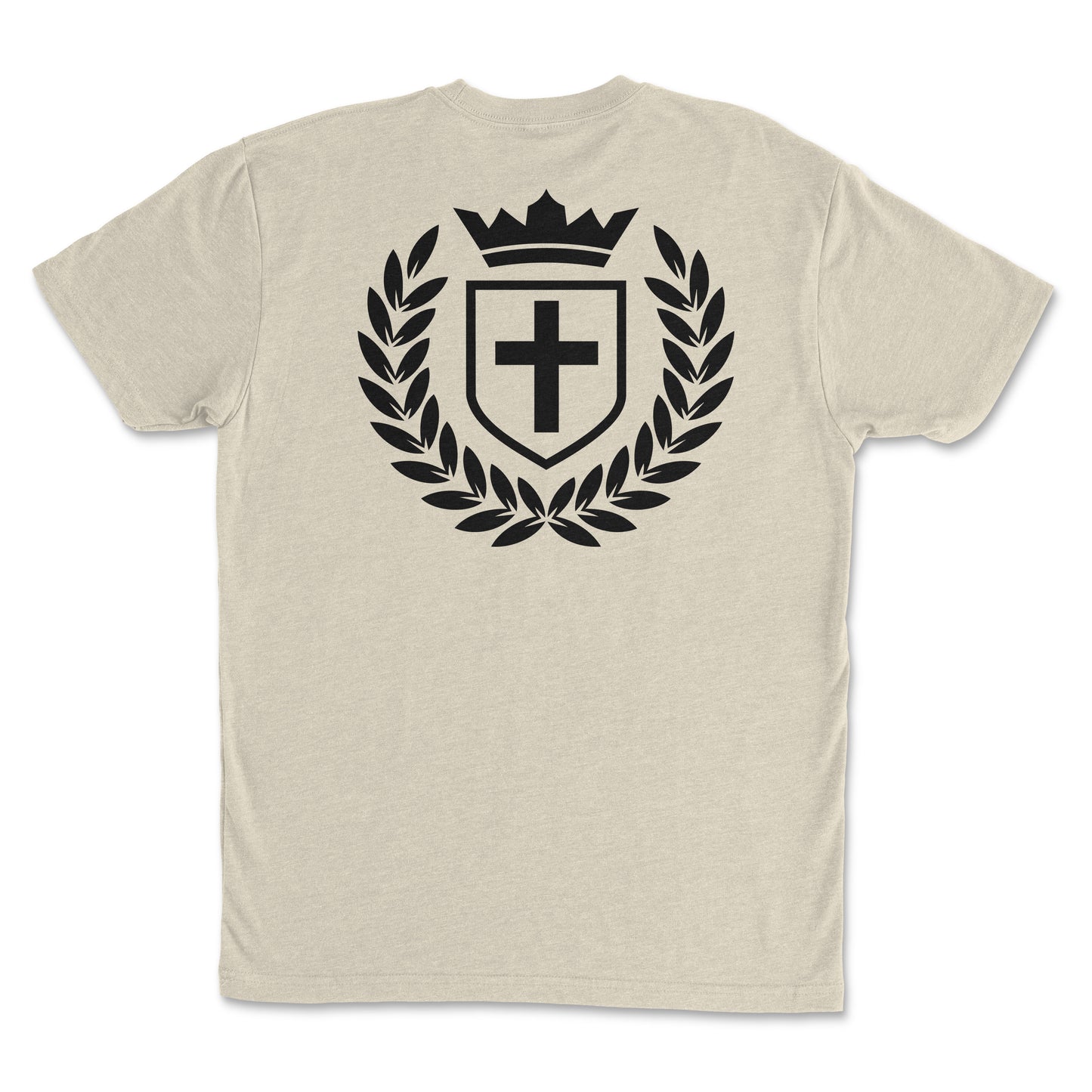 Kingdom Crest - Premium Sueded t-shirt for men featuring a crown and cross logo on the back.