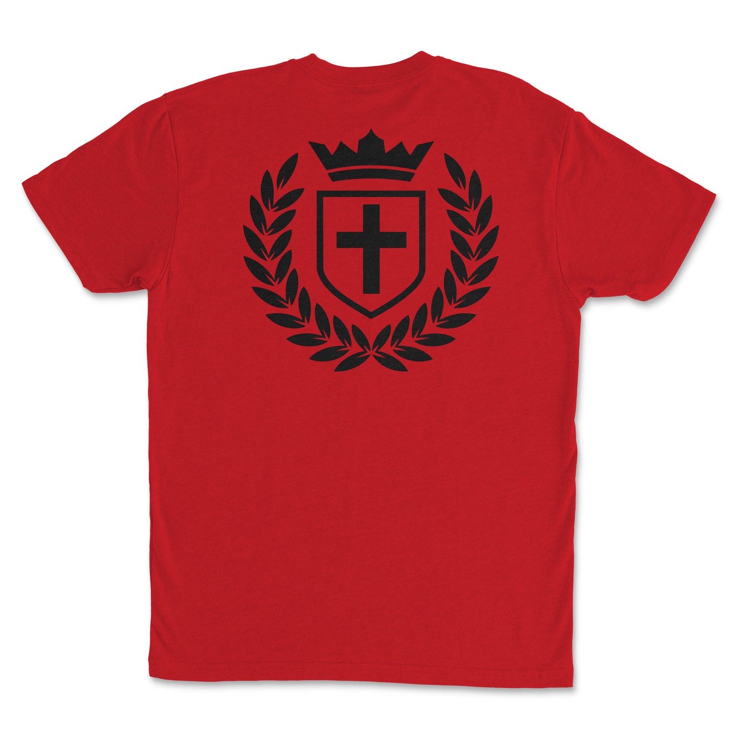 Kingdom Crest - Premium Sueded T-shirt for Men featuring a bold crown and cross design on the back.