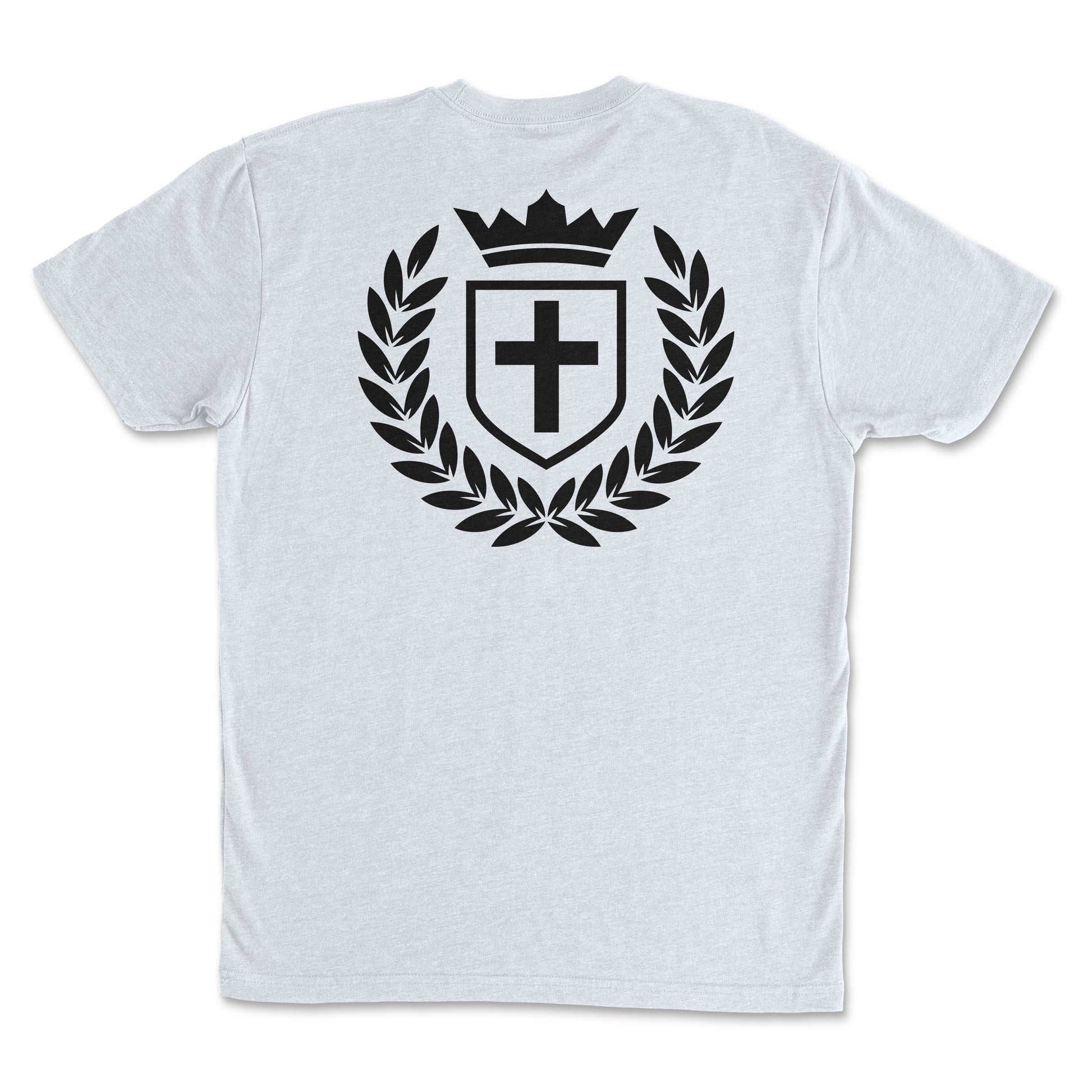 Back view of Kingdom Crest - Premium Sueded T-shirt for Men featuring a crown and cross design.