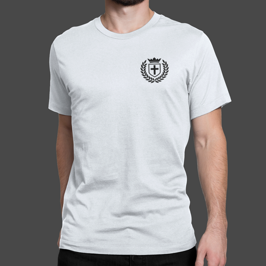 Kingdom Crest - Premium Sueded T-shirt for Men featuring a bold crest design on a white shirt.