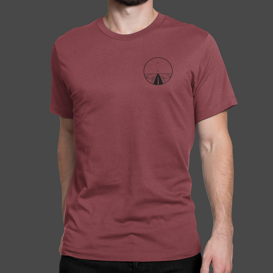 Road to Salvation - Premium Sueded Men's Shirt featuring a minimalist cross and pathway design in maroon.