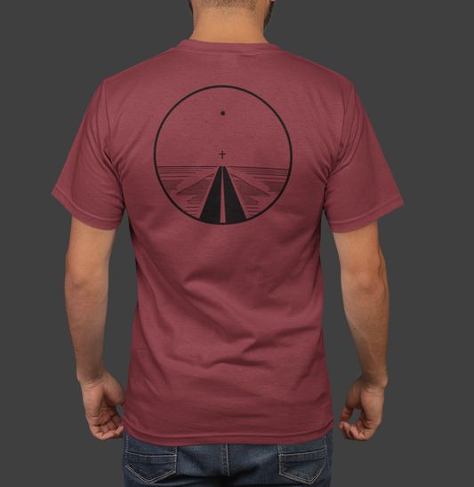 Road to Salvation - Premium Sueded Men's Shirt featuring a minimalist cross and pathway design on a maroon background.