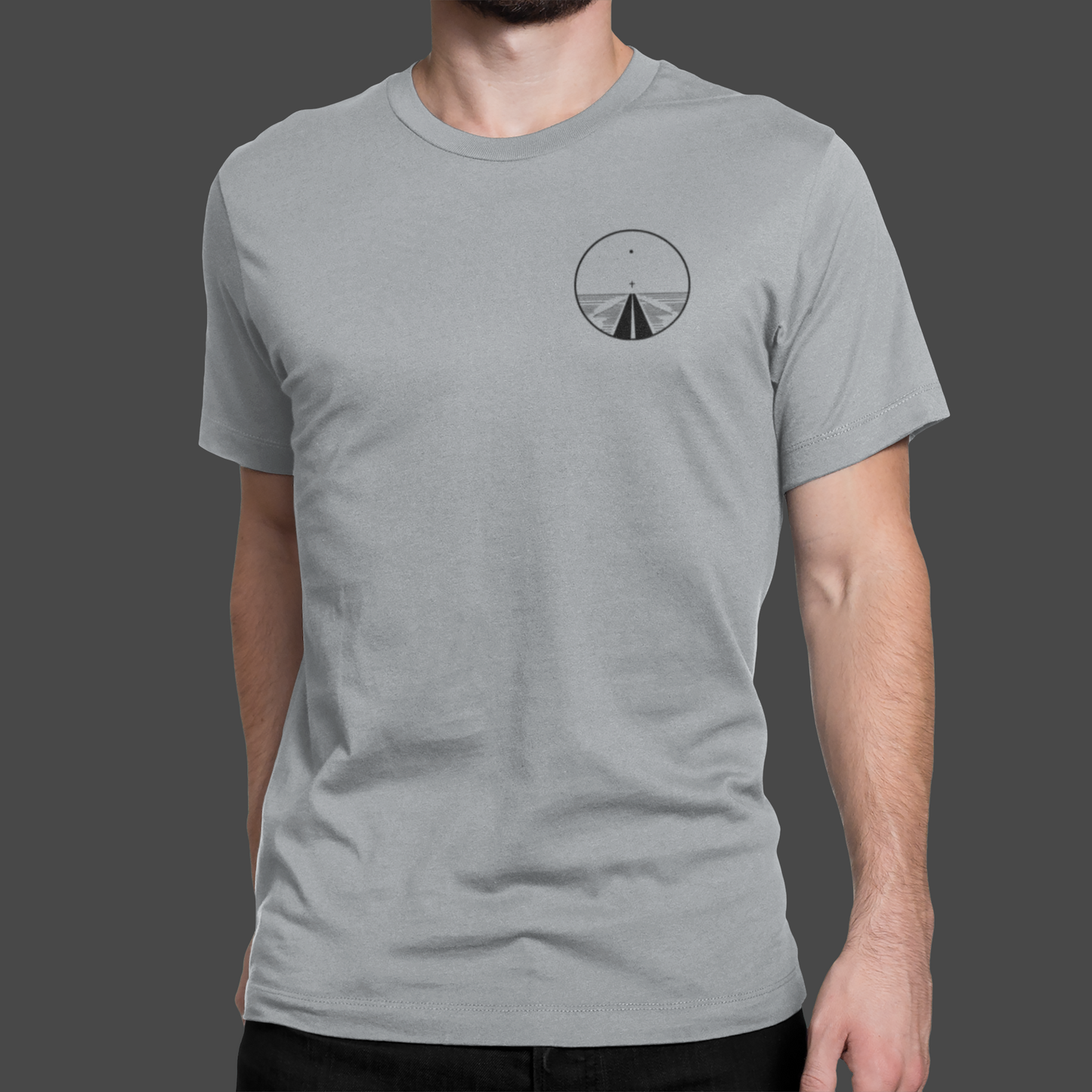 Road to Salvation - Premium Sueded Men's Shirt featuring a minimalist cross and pathway design on a grey background.