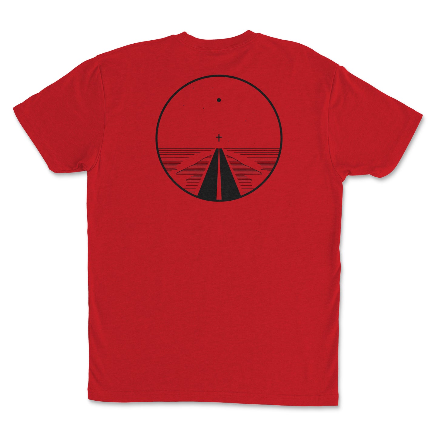 Road to Salvation - Premium Sueded Men's Shirt featuring a minimalist cross and pathway design on a red background.