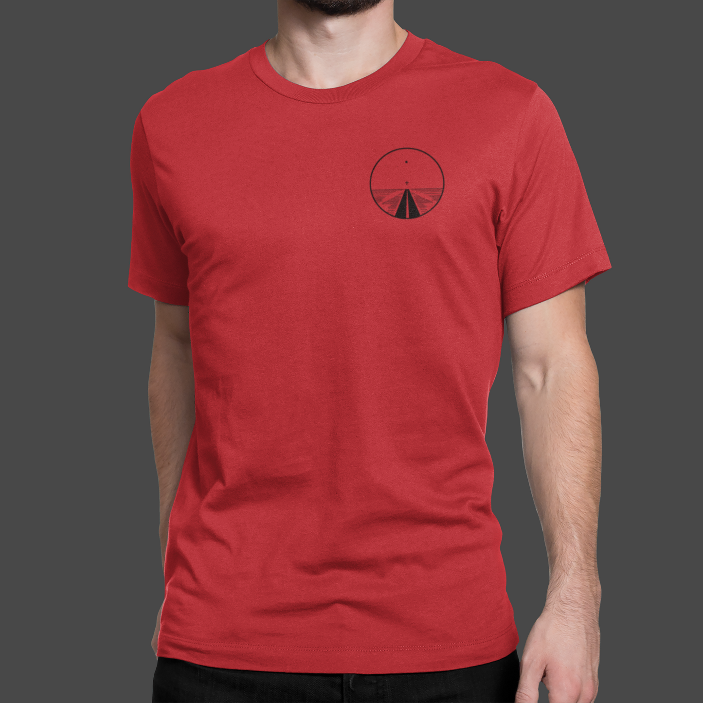 Road to Salvation - Premium Sueded Men's Shirt in red with minimalist cross and pathway design.