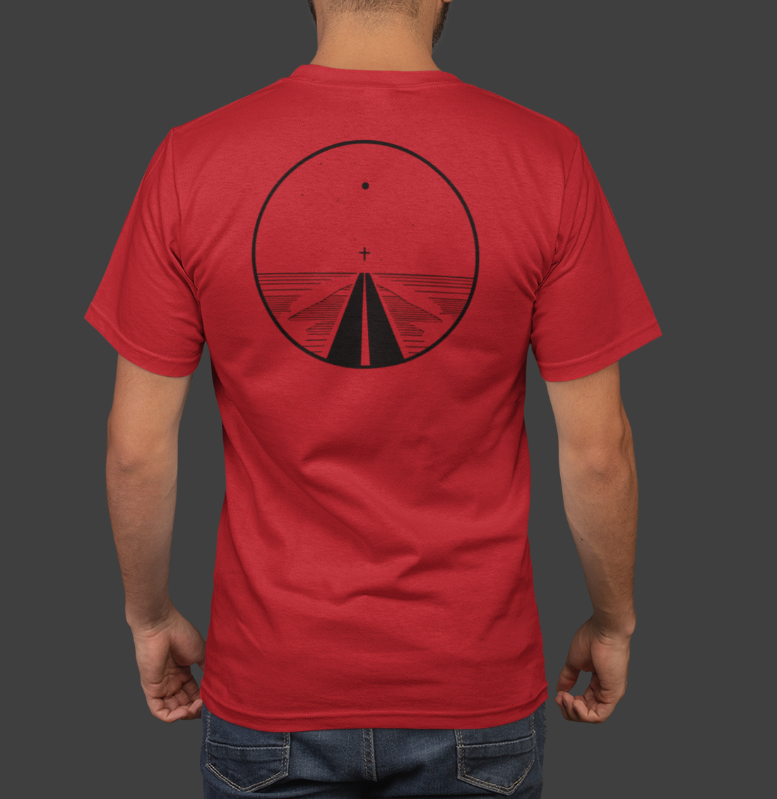 Road to Salvation - Premium Sueded Men's Shirt showcasing a minimalist cross and pathway design on a red background.