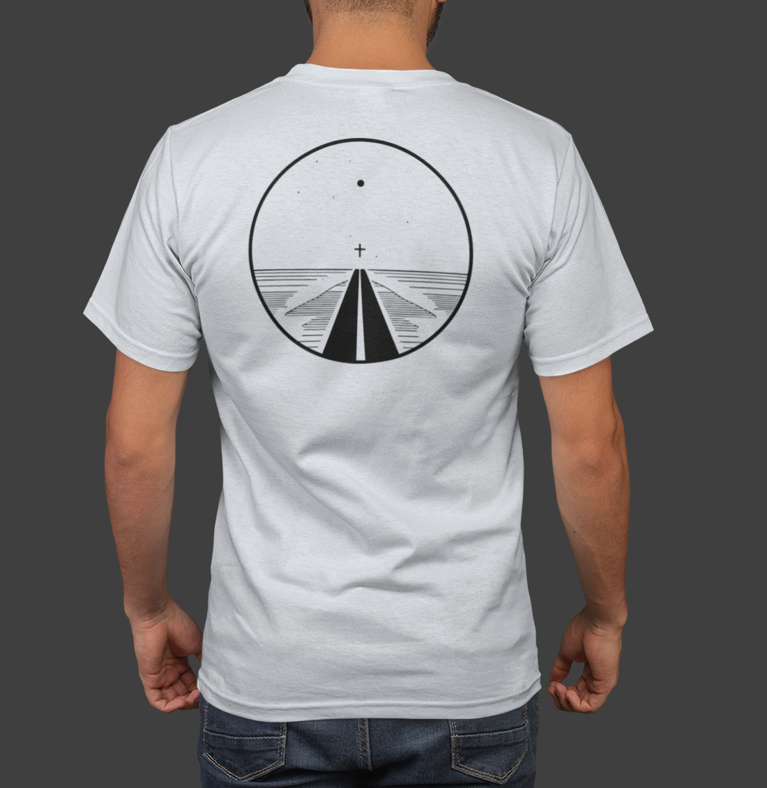Road to Salvation - Premium Sueded Men's Shirt featuring a minimalist cross and pathway design on the back.