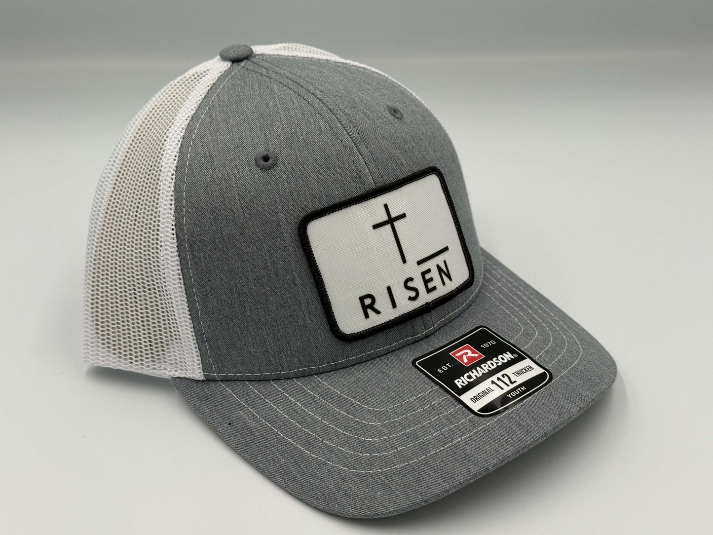 Youth Risen Cross Canvas Patch Trucker Hat – White / Light Gray